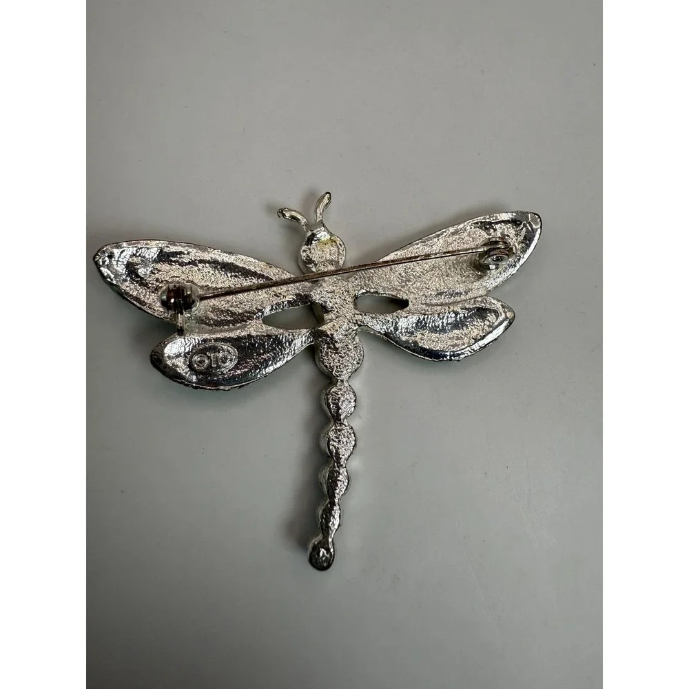 Vintage TC Dragonfly Brooch‎ – Green Enamel Wings Blue Rhinestone Body